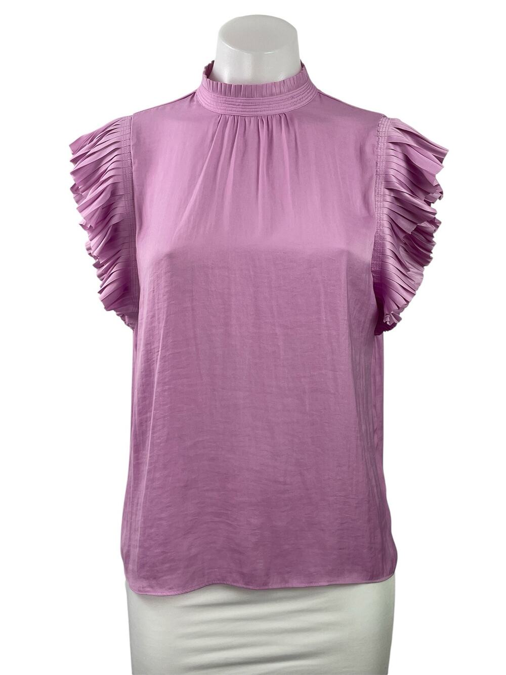 Maison D Amelie Women's Pink Purple Ruffle Pleated Mock Neck Blouse Top Size S